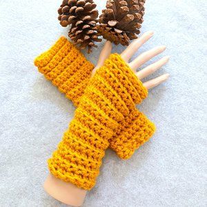 Yellow Crochet Fingerless Gloves, OS fits most